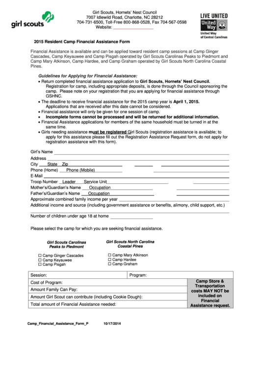 2009 Camp Financial Assistance Form - Camp Like A Girl Printable pdf