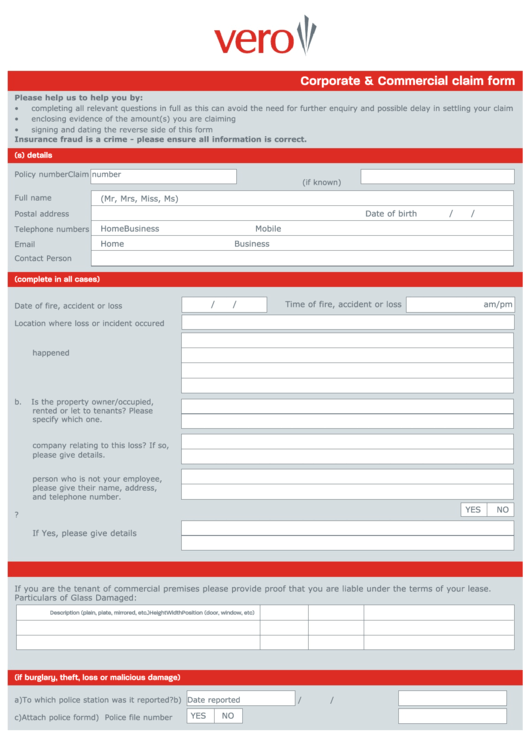 Corporate And Commercial Claim Form - Vero Printable pdf
