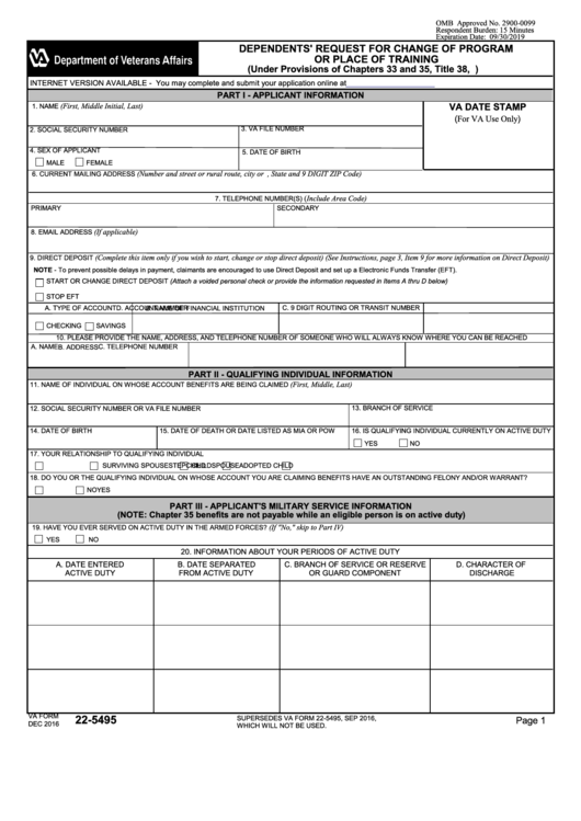 Va Form 22-5495 - Dependents' Request For Change Of Program Or Place Of Training