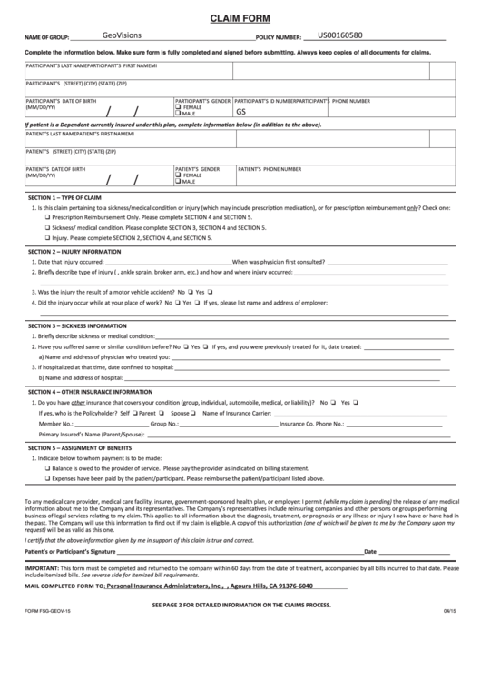 Claim Form - Compass Benefits Group Printable pdf