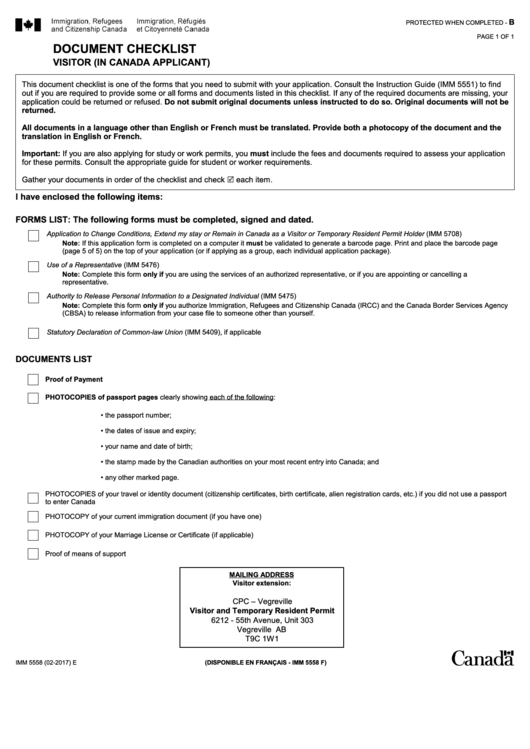 Fillable Imm 5558 E - Document Checklist - Visitor (In Canada Applicant) Printable pdf