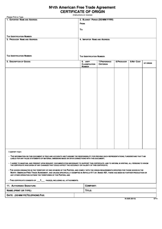 Fillable Cbp Form 434 - North American Free Trade Agreement Certificate