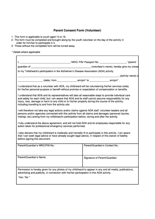 Parent Consent Form (Volunteer) Printable pdf