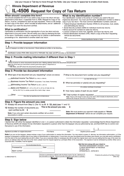 Fillable Il-4506 Request For Copy Of Tax Return - Illinois Department Of Revenue Printable pdf