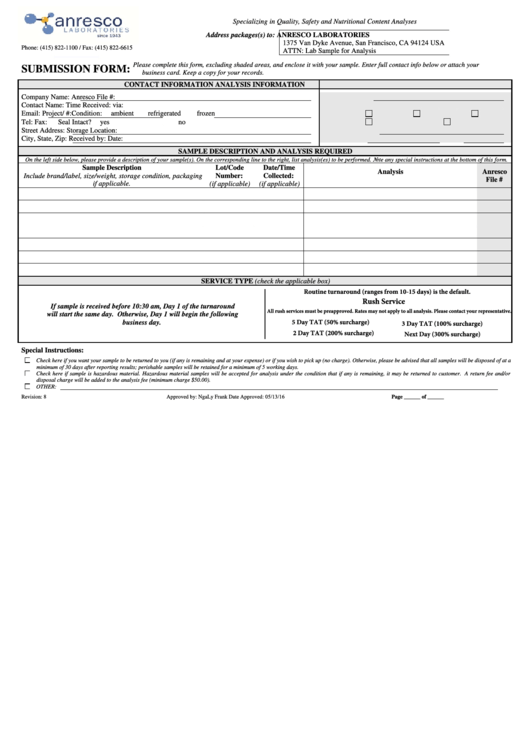 Fillable Submission Form - Anresco Laboratories Printable pdf