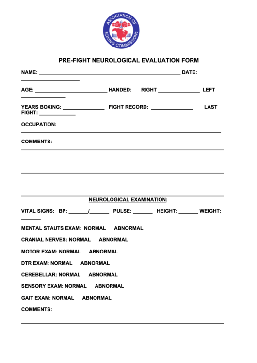 Pre-Fight Neurological Evaluation Form Printable pdf