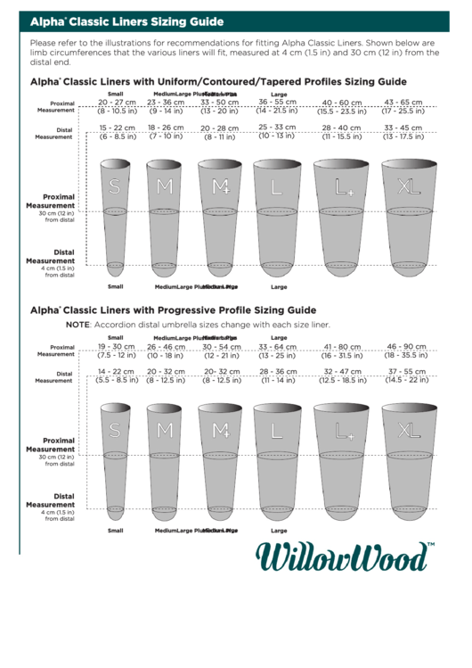 Alpha Classic Liners Sizing Chart - Willowwood Printable pdf