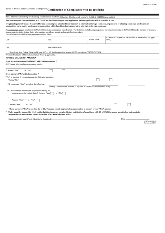 Fillable Atf Form 5330.20 - Certification Of Compliance Form Printable pdf