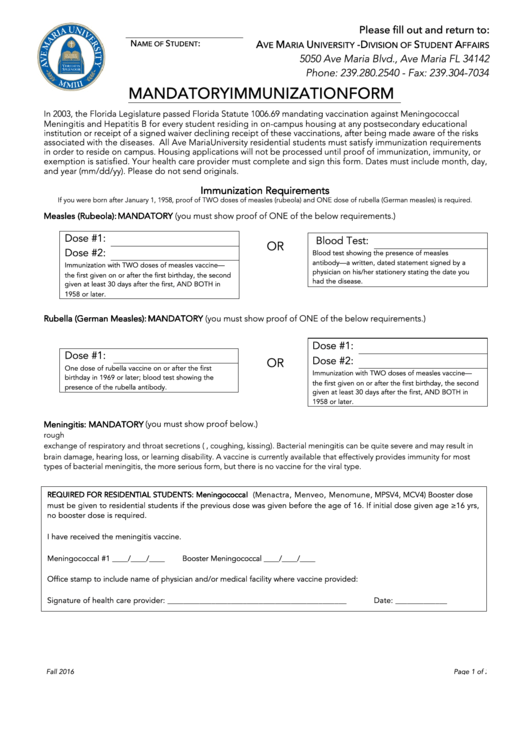 Mandatory Immunization Form - Ave Maria University Printable pdf