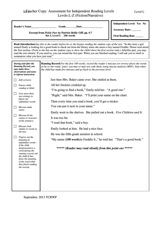 Teacher Copy: Assessment For Independent Reading Levels Levels L-Z (Fiction/narrative) Printable pdf