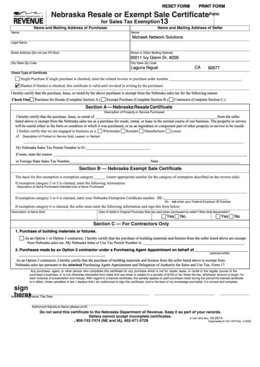 Form 13 - Nebraska Resale Or Exempt Sale Certificate
