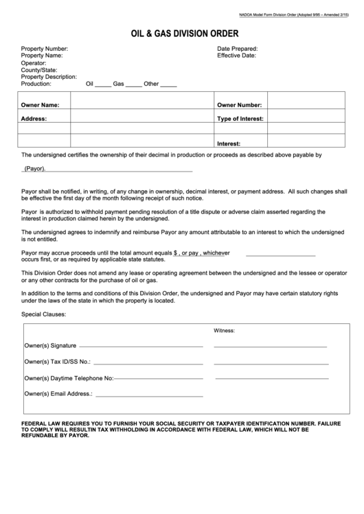 Division Order Model Blank Form 2015 Printable pdf