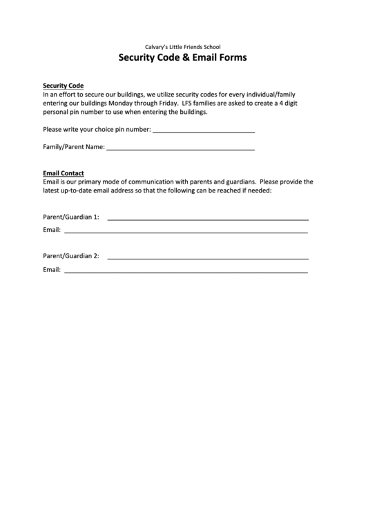Security Code & Email Forms Printable pdf