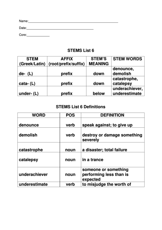 Stems List - Latin Language Worksheet Printable pdf