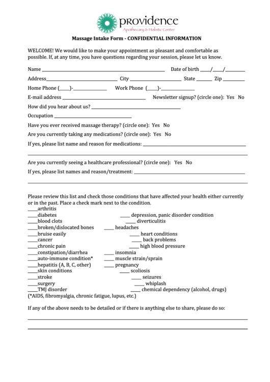 Massage Intake Form - Providence Apothecary Printable pdf