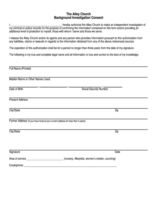 Background Check Consent Form The Alley Church Printable Pdf Download