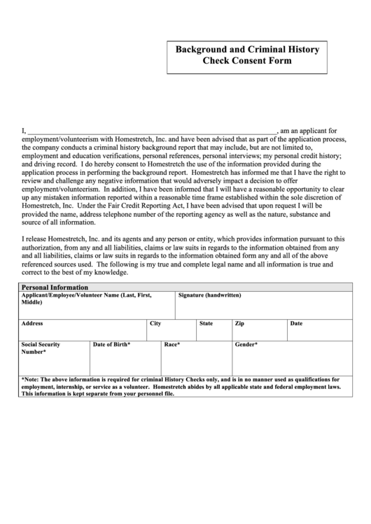 Background And Criminal History Check Consent Form - Homestretch Printable pdf