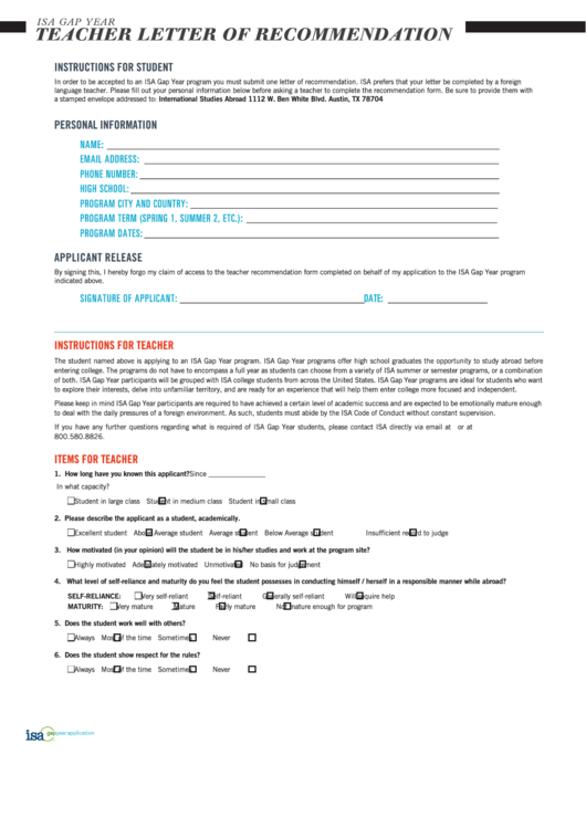 Teacher Letter Of Recommendation - International Studies Abroad Printable pdf