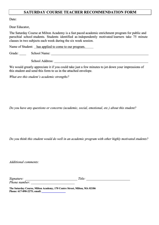 Saturday Course Teacher Recommendation Form - Milton Academy Printable pdf