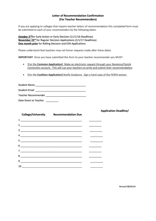 Letter Of Recommendation Confirmation (For Teacher Recommenders) Printable pdf