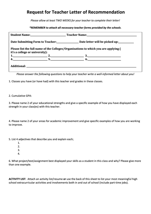 Request For Teacher Letter Of Recommendation - Holgate Local Schools Printable pdf
