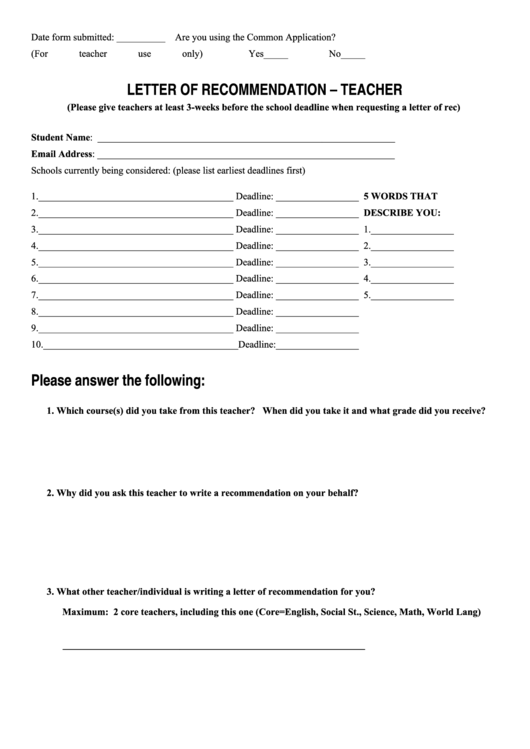 Letter Of Recommendation - Teacher Printable pdf