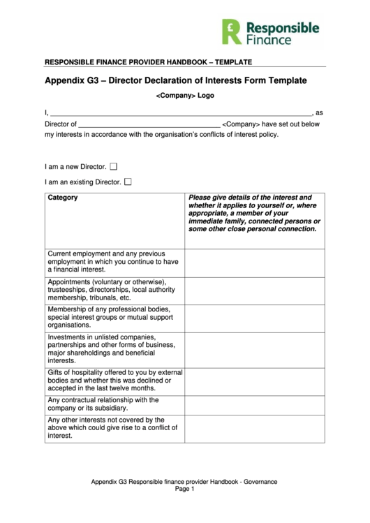 Appendix G3 - Director Declaration Of Interests Form Template Printable pdf