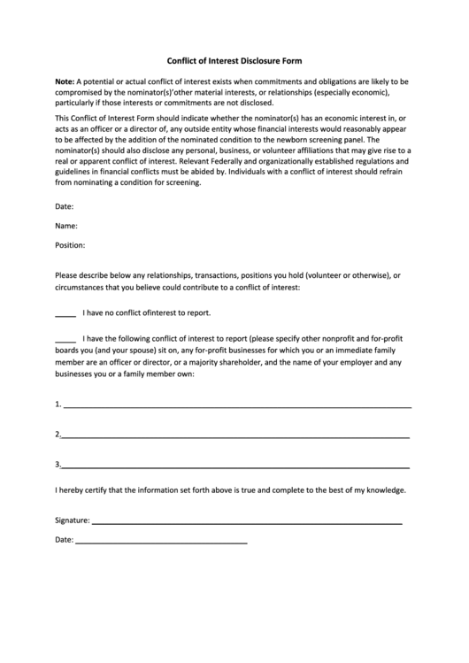 Fillable Basic Conflict Of Interest Disclosure Form - Hrsa Printable pdf