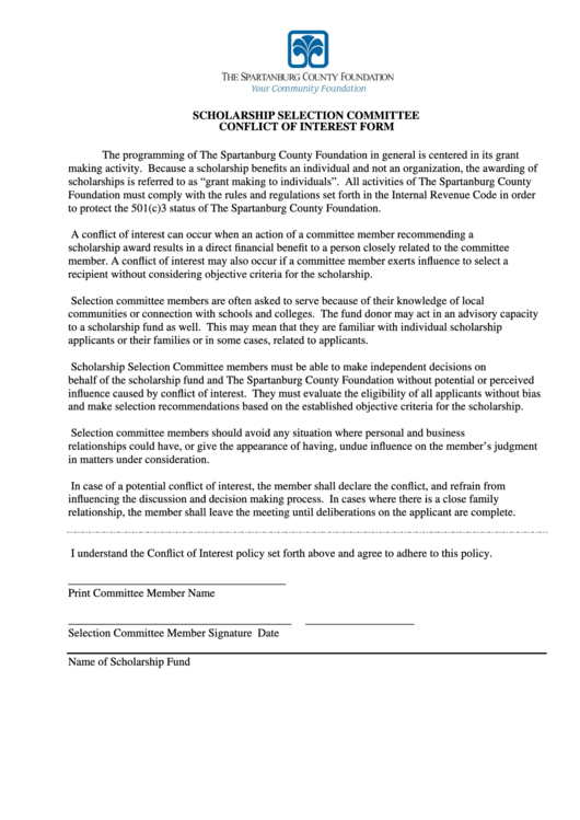 Scholarship Selection Committee Conflict Of Interest Form Printable pdf
