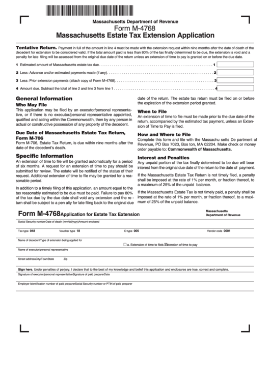 Form M4768 Massachusetts Estate Tax Extension Application printable pdf download