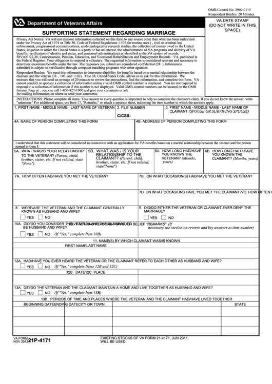 Fillable Va Form 21p-4171 - Supporting Statement Regarding Marriage Printable pdf