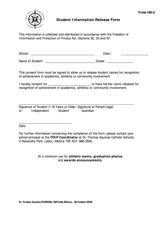 F 180-2 - Student Information Release Form Printable pdf
