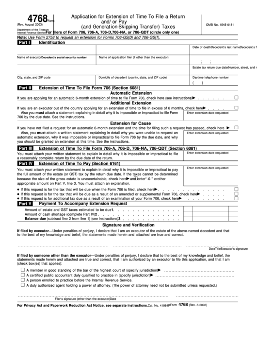 Fillable Form 4768 (Rev. August 2003) printable pdf download