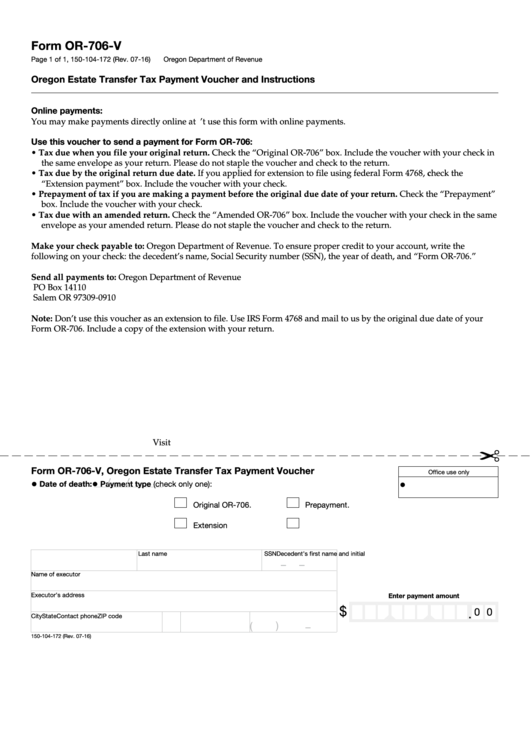 Form Or-706-V - Oregon Estate Transfer Tax Payment Voucher And Instructions Printable pdf