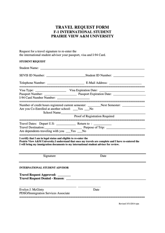 Fillable Travel Request Form - Prairie View A&m University Printable pdf