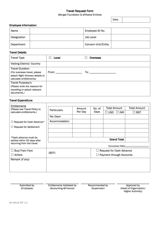 Travel Request Form - Bengal Foundation Printable pdf