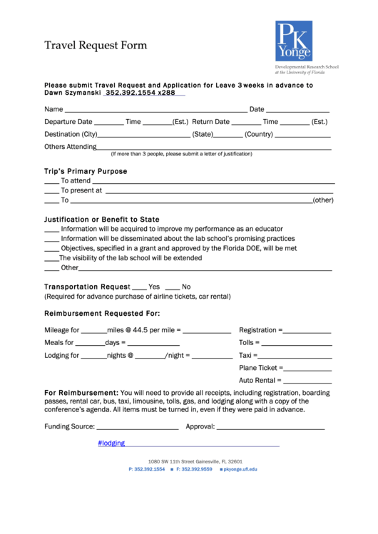 Fillable Travel Request Form - Pk Yonge Printable pdf