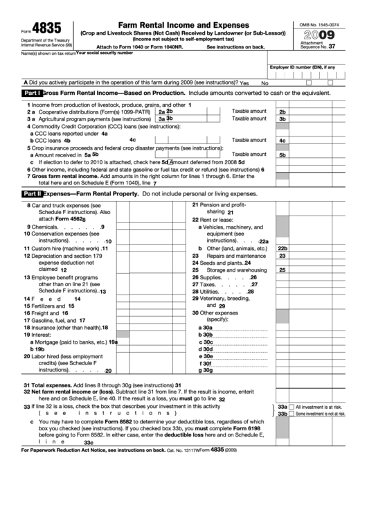 Fillable Form 4835 (2009) Farm Rental Income And Expenses Printable pdf