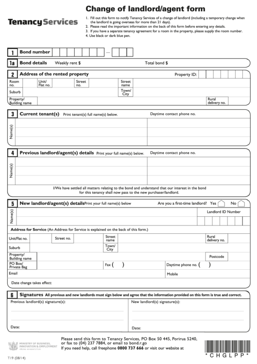Change Of Landlord/agent Agreement Form Printable pdf