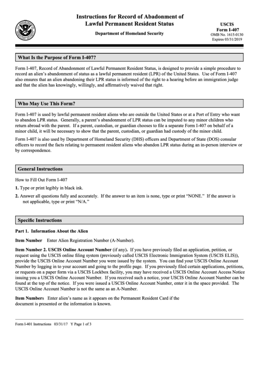 Instructions For Form I-407 - Uscis Printable pdf