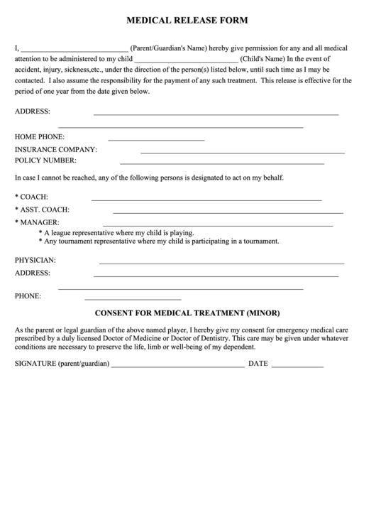 Medical Release Form - Loveland Youth Basketball printable pdf download