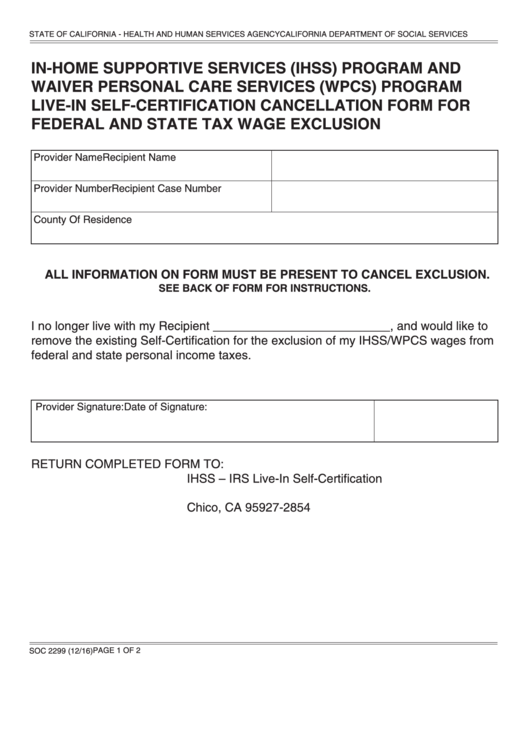 Fillable In-Home Supportive Services (Ihss) Program And Waiver Personal Care Services (Wpcs) Program Live-In Self-Certification Cancellation Form For Federal And State Tax Wage Exclusion Printable pdf
