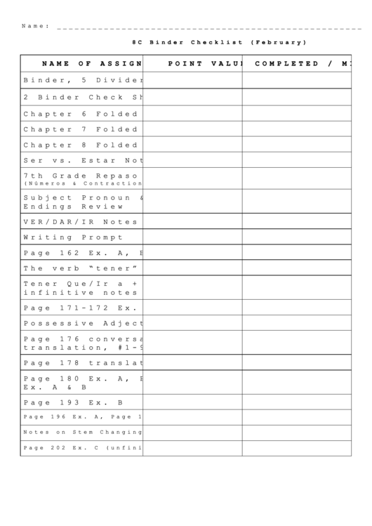 8c Binder Checklist (February) Printable pdf
