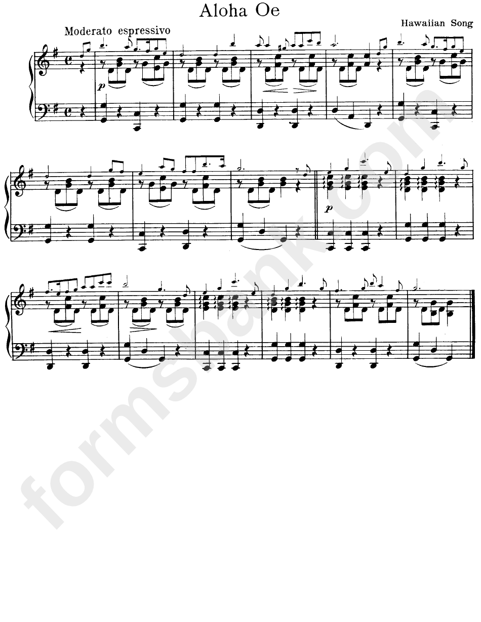 Aloha Oe - Hawaiian Song - Piano Sheet Music