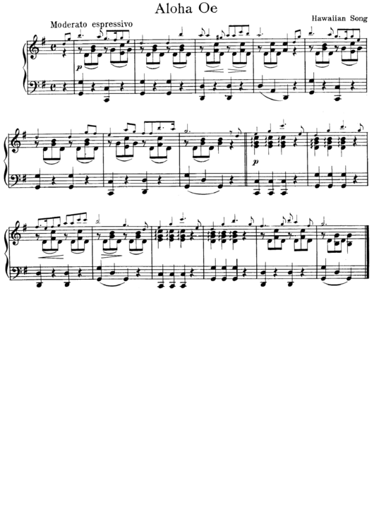 Aloha Oe - Hawaiian Song - Piano Sheet Music Printable pdf
