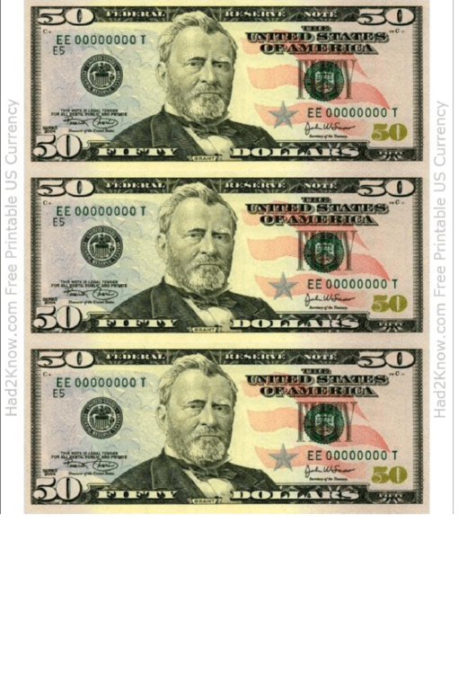 Fifty Dollar Bill Template - Front Printable pdf