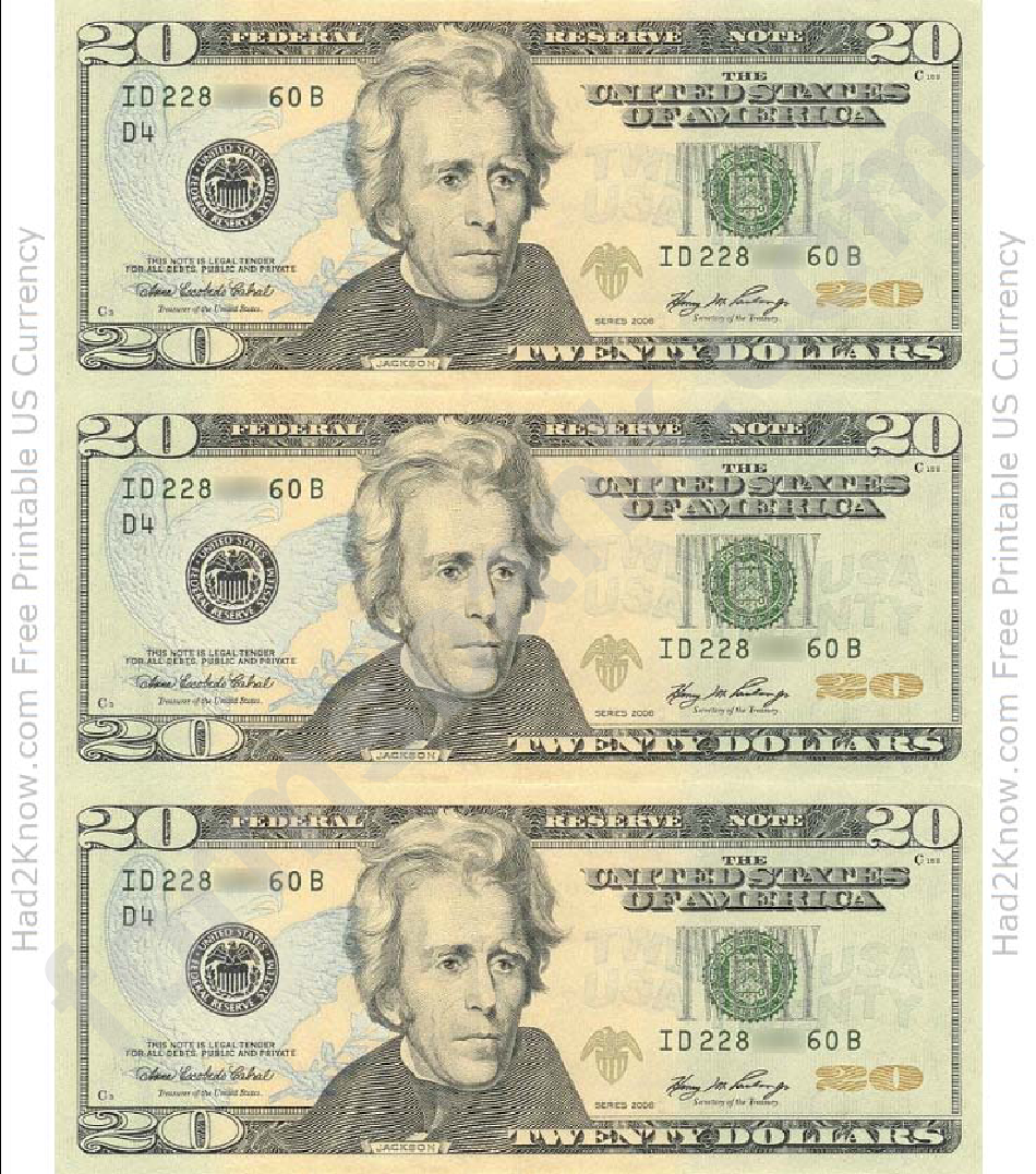 Twenty Dollar Bill Template Front Printable Pdf Download