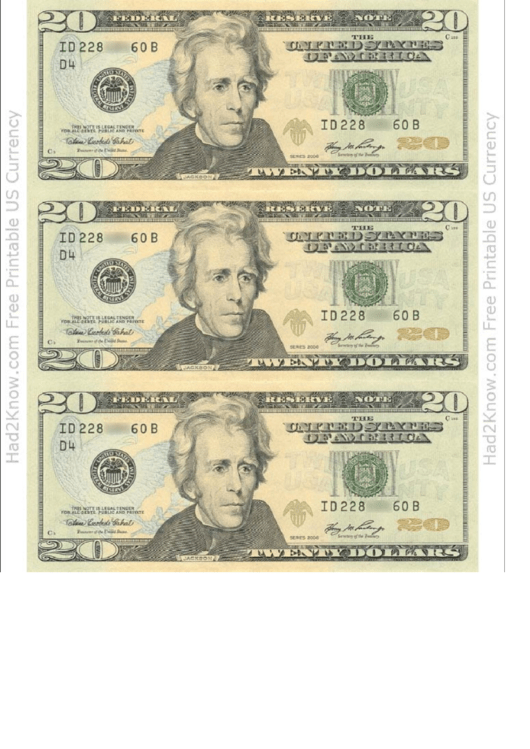 Twenty Dollar Bill Template - Front Printable pdf