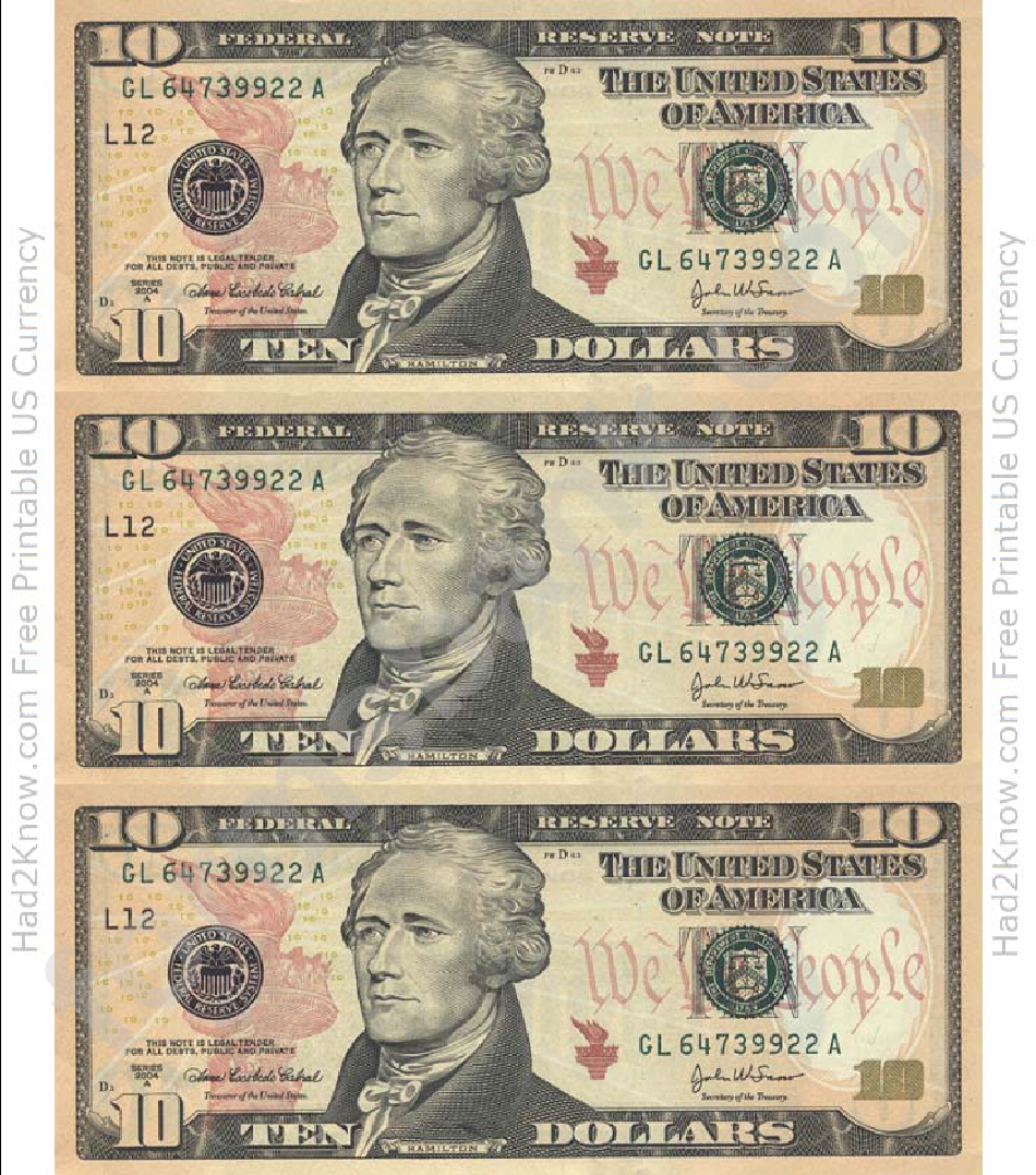 Ten Dollar Bill Template - Front