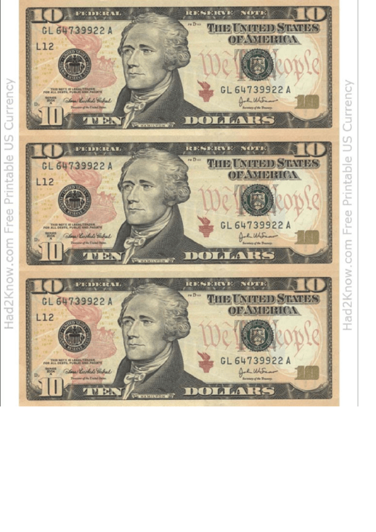 Ten Dollar Bill Template - Front Printable pdf